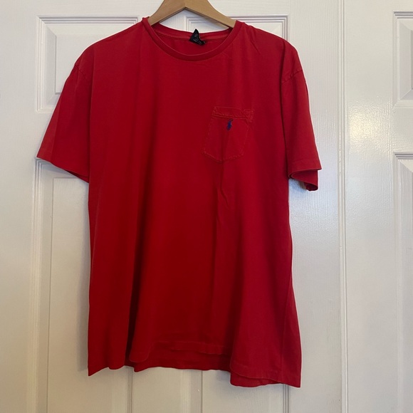 Men’s Polo T-Shirt. Red with front pocket and blue pony. Size Large. - Picture 1 of 4